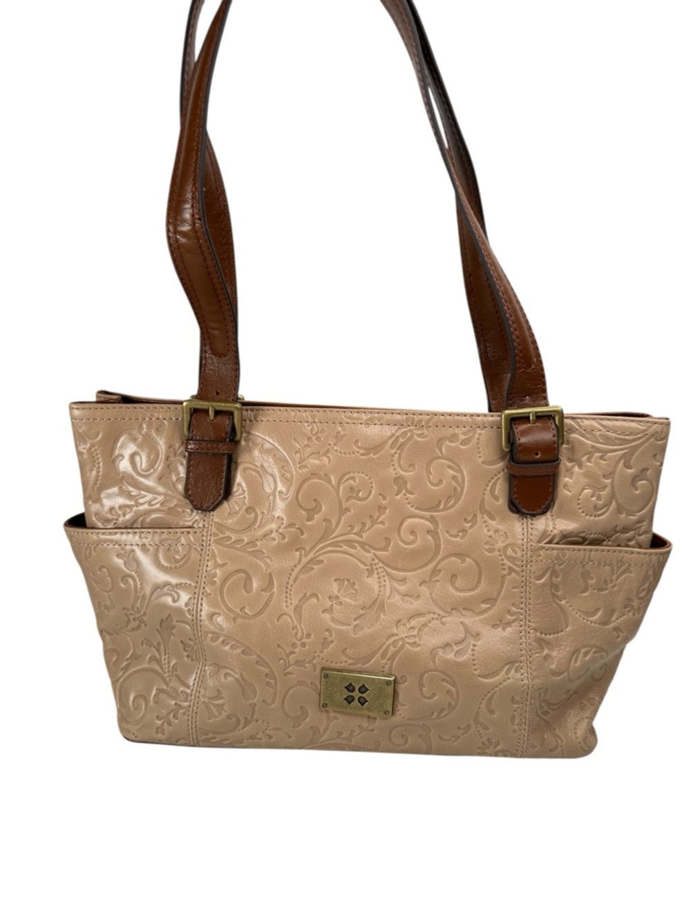 Naturalizer Leather Tote Bag Beige Embossed Brown Strap Work Office Purse